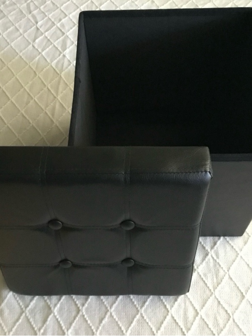 New Black Tufted Faux Leather Small Ottoman Cube, 15 inches